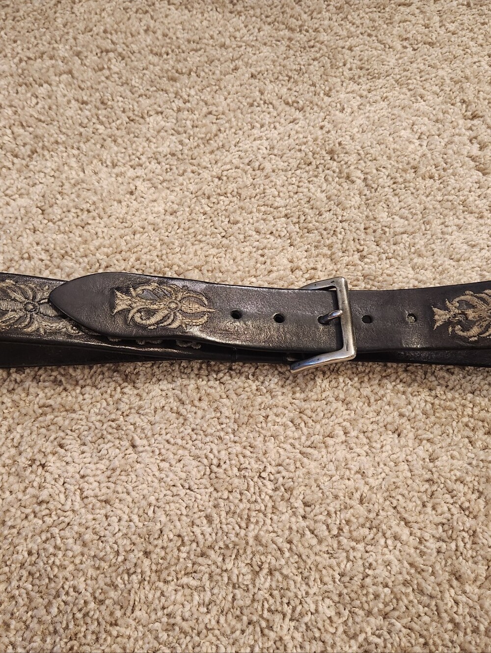 Post & Co. Embroidered Black Leather Wonen's Belt with Floral Detail